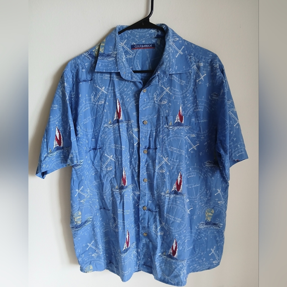 Golf America Blue Sailboat Cotton Shirt Large